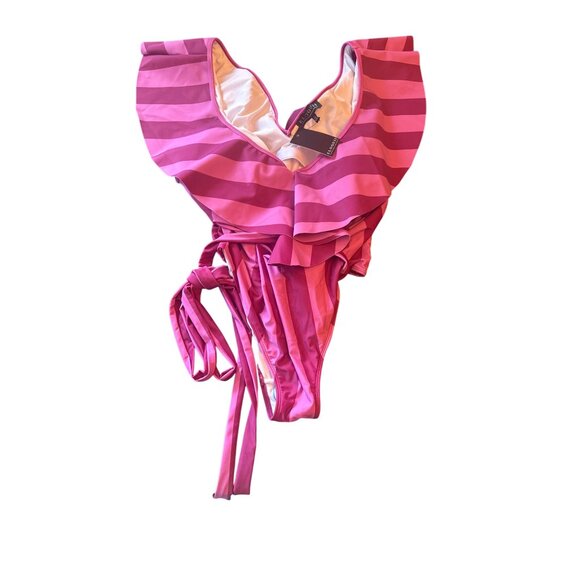 Eloquii Womens Plus Size 22 Striped Pink Ruffled One-Piece Swimsuit - Picture 1 of 6